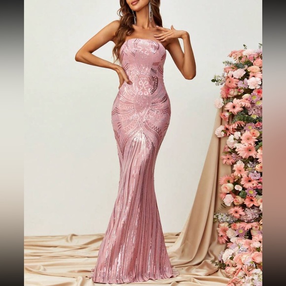 Backless pink open back mermaid hem party formal sequins dress - Picture 4 of 7